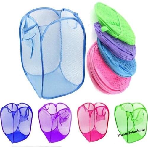 Candy Color Nylon Mesh Fabric Foldable Large Laundry Basket Household Dirty Clothes Bag Washing Storage Organization