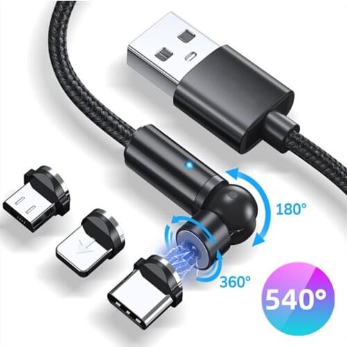540 Rotate Magnetic Cable Fast Charging Phone Data Wire LED Magnet Charger Micro USB Cable For iPhone Samsung Xiaomi USB C Cord