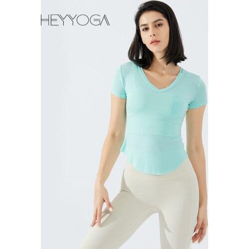 Heyyoga Women Breathable Slim Fit Workout Gym Short Sleeved Shirts Crop Top Ultralight V-neck Sport Fitness Training T-shirt