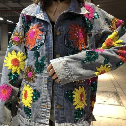 Cakucool Heavy Sequined Denim Jacket Women Coats Sunflowers Sequins 2019 Womens Vintage Jackets Jeans Coat Loose Korean Tops