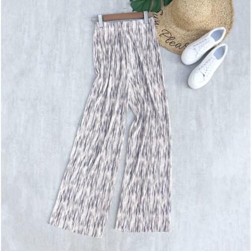 Women Pleated Long Pants High Waist Loose Fit Tie Dye Print Elastic Waist Beige Wide Leg Pants Casual Style Fashion Trousers