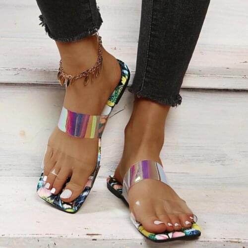 Womens Fashion Casual Square Head Butterflies Printed Flat Slippers 2021 Summer Beach Sandals Non Slip Lady Shoes Punk Style 43