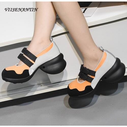Sweet Mary Jane Shoes Womens New Color-blocking Thick-soled Increased All-match Round-toe One-word Buckle Single Shoes