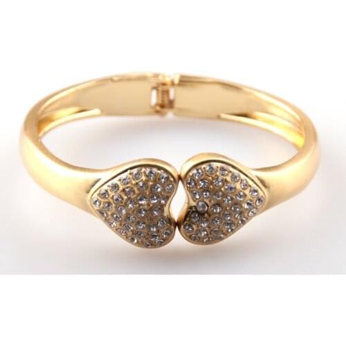 Free shipping new arrival wire drawing gold plating alloy double heart crystal women lovers cuff bangle Open Jewelry