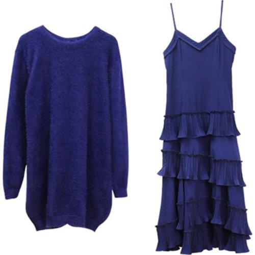 High quality ladies sweater suit dress sets Autumn and winter temperament loose plush sweater Elegant suspender dress two-piece