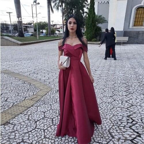 Off The Shoulder Burgundy Satin Prom Dresses A-line Vestido De Noite Simple Long Prom Gowns 2020 New Women Formal Party Dresses