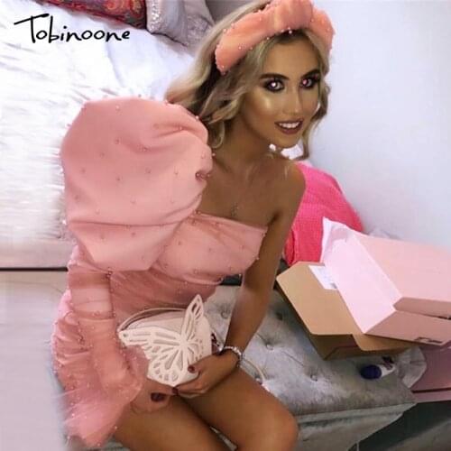 Tobinoone Sexy mesh lace women dress Ruffled one shoulder female bodycon short dress Party club ladies vestidos de fiesta 2019