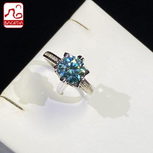 Baceda Natural Crystals of 2Carat Blue Moissanite Adjustable Ring S925 for Women with Box