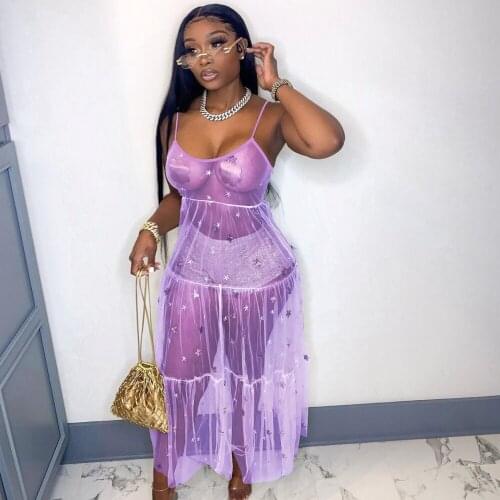 Women Dress Mesh See-through Sleeveless Strap O-neck Sequins Loose Long Maxi Dresses Y2K Sexy Outfit Summer New Fashion 2021