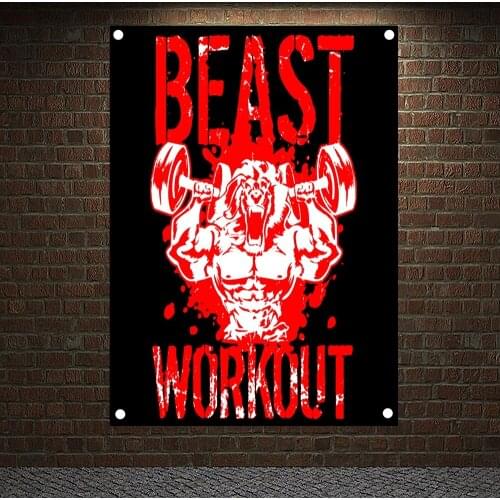 BEAST WORKOUT Motivational Poster Yoga bodybuilding Fitness Banners Flags Wall Art Gym Decor Canvas Hanging Pictures Mural