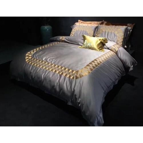 120S Egyptian Cotton golden grey Embroidery Luxury Bedding Set 4pc King Queen Wedding Bed Sheet Cover set Duvet cover Pillowcase