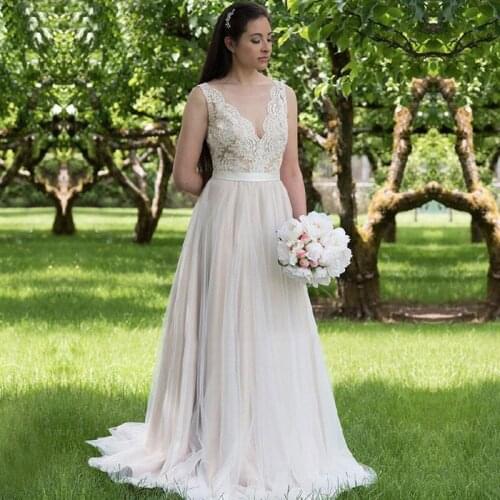 Scoop Illusion Tulle Wedding Dress Vestido De Noiva Backless with Lace Appliques Bridal Gowns Mariage