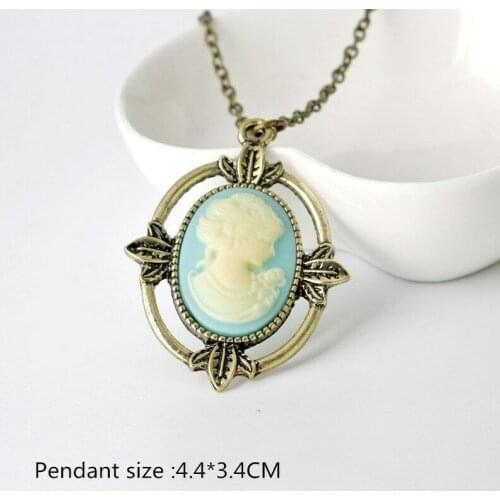 The Vampire Diaries Katherine Head Blue Cameo Vintage Antique Bronze Necklace