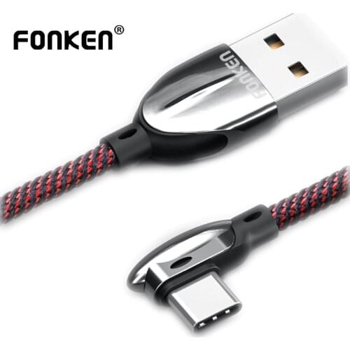 FONKEN 90 Degree USB Type C Cable Fast Charger 3A Type-C L Bend Cord Charge for Android Mobile Phone Data Cord Nylon Game Cable