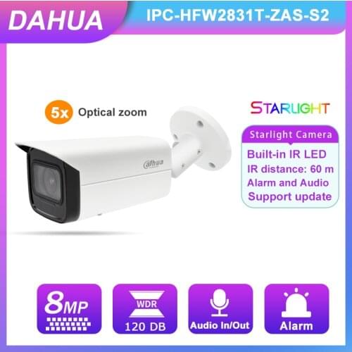 Dahua Security Camera 5X Zoom 8MP 4K POE IPC-HFW2831T-ZAS-S2 Starlight Audio Alarm H.265+ IR60M IVS IP67 2.7mm-13.5mm IP Camera