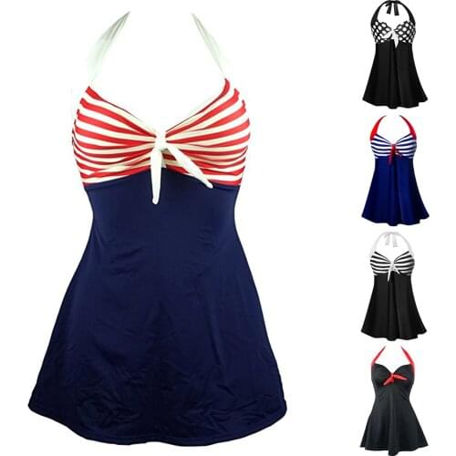 Summer Fashion Women Sexy Halter One Piece Swimsuit Monokini Dot Stripes Swimwear Plus Size for Beachwear Water Sport
