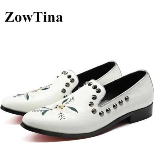Men White Genuine Leather Flats Slip On Embroidery Tenis Driving Shoes Man Studded Design Moccasin Homme Large Size 46 Zapatilla