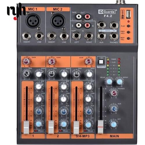 Portable 4-Channel Mic Line Audio Mixer Mixing Console 3-band EQ USB Interface 48V Phantom Power with Power Adapter