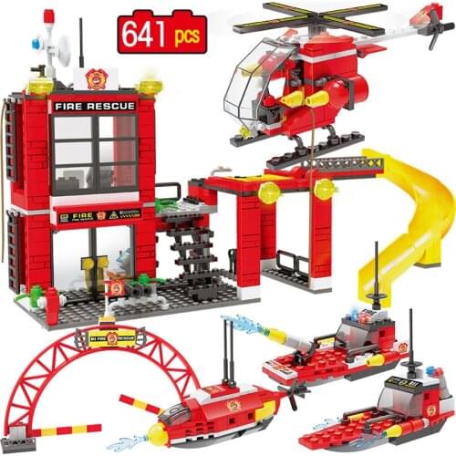 641pcs Fire Rescue Station Compatible Military City Police Boat Helicopter Building Blocks Bricks Education Kids Toys