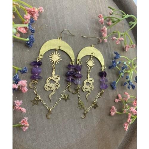 Celestial Sun/Moon Gemstone Snake Earrings