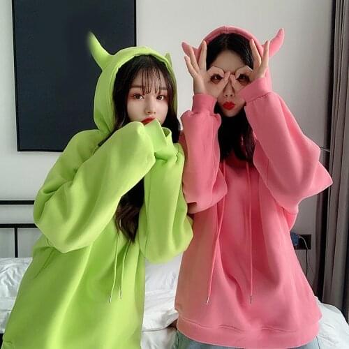 Cute Ox Horn Hoodies Women Autumn Winter Tops Long Sleeve Oversize Soft Warm Sweatshirt Graphic Female Streetwear