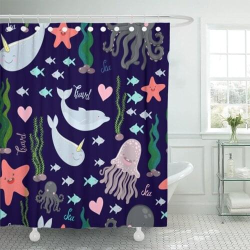 Blue Cute Sea Creatures Octopus Fish Starfish Dolphin Jellyfish Shower Curtain Waterproof Polyester Fabric 60 x 72 inches Set wi