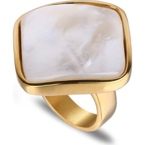 FYJS Unique Light Yellow Gold Color Square Shape White Shell Finger Ring for Party Gift Jewelry