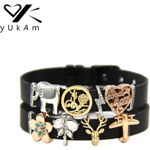 YUKAM Jewelry Slider Crystal Dragonfly Lightning Flower Elk Deer Elephant Best Mom Slide Charms Keeper for Mesh Bracelets Making