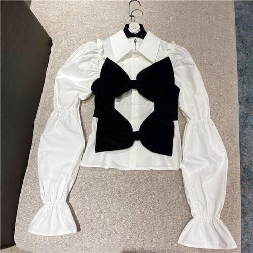 Womens Shirt 2021 Spring New Sweet White Black Contrast Color Bow Puff Sleeve Blouse Lady Cropped Top