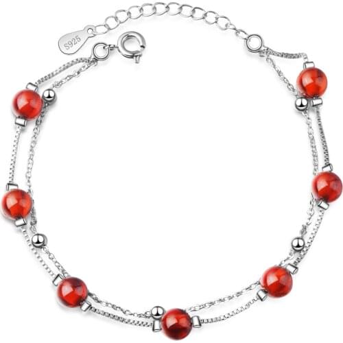 Real 925 Sterling Silver Red Garnet Double-layer Bracelet for Women Female Chic Jewelry Mori Girls INS Hotsale Accessories SB130