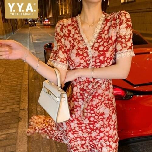 Women Chic Floral Dress 2021 Summer Ruffle Lace Up Long Dress Fashion Street Red V-Neck High Waist Short Sleeve A-Line Dress