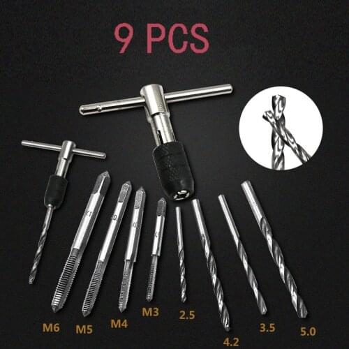 9pcs Alloy Steel Hand Screw Tap Set M3/M4/M5/M6 Reamer+ 2.5/3.3/4.2/5mm Twist Drill Bits+T-type Wrench Hand Tools