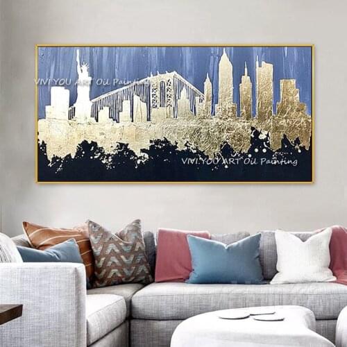 100% Handmade Abstract Landscape City Building Oil Painting Large Size Thick Canvas Pictures for Living Room Decoration