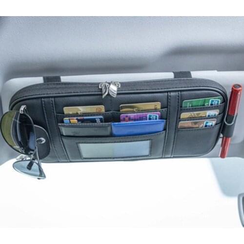 Car Sun Visor Storage Pouch Bill Card CD Phone Holder Storage Box Leather Sunglasses Clip With Zipper Multifunctional Accessory