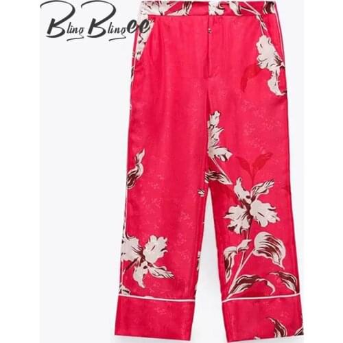 BlingBlingee Za 2021 Summer Woman Casual Traf Trousers Thin Style Painted Floral Print High Waist Ankle Length Straight Pants