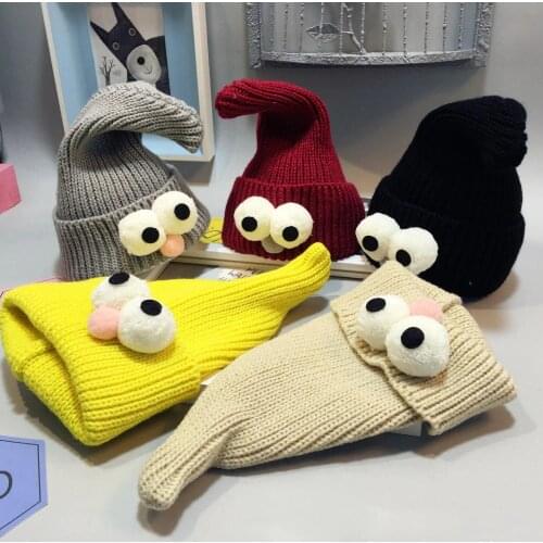 2020 Baby Cap& Hat Winter Korean Newborn Baby Hat Lovely Big Eye Knitted Wool Children Cap Sharp Necromancer Baby Cap for 3-36 M