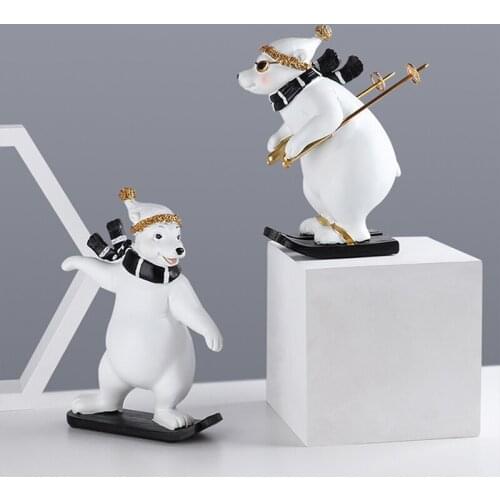 EUROPEAN RESIN BEAR BROTHER AND SISTER SKIING CRAFTS ORNAMENTS GIFT SIMPLE HOME CHILDRENS ROOM DESK WHITE FIGURINE DECORATION