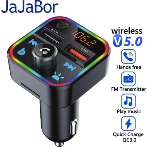 JaJaBor FM Transmitter Bluetooth Car Kit Bass Stereo MP3 Player with LED Atmosohere Light Wireless Handsfree QC3.0 Quick Charge
