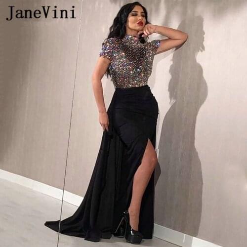 JaneVini Sexy Black Muslim Mermaid Long Evening Dresses High Neck Colorful Beading Saudi Arabic Chiffon Formal Dress Plus Size