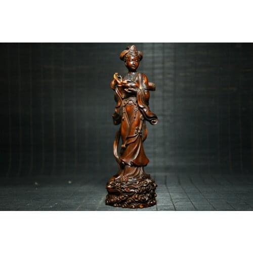 7"China Lucky Old Boxwood Hand-carved Chang'e Statue Chang'e hugs a rabbit Fairy Pretty Perfect woman Office Ornaments