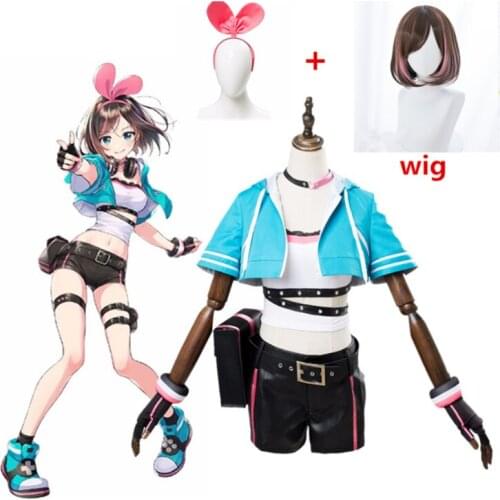 Kizuna AI A.I.Channel Youtuber Tube Tops Coat Shorts Uniform Outfit Cosplay Costumes Wig Anime Halloween Party