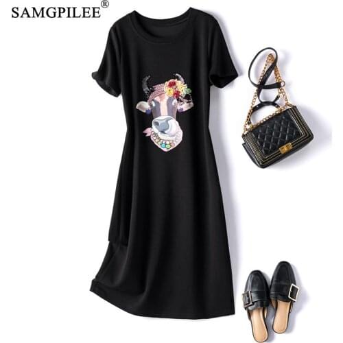 Summer Women Dresses 2021 New Fashion Casual Simple Beaded Cow Pattern Over The Knee Stretch Slim Plus Size Woman Dress 4XL