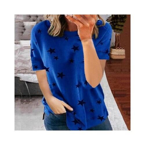 Summer New Womens Wear Star Print Round Neck Large Size Casual Loose Short Sleeve Womens Pullover T-Shirt