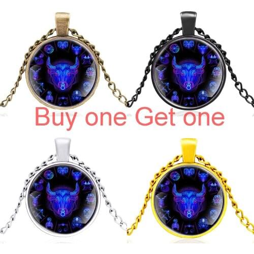 New Arrival Fashion Twelve Constellations Taurus Black Design Glass Dome Pendant Necklace Men Women Jewelry Accessories Gifts