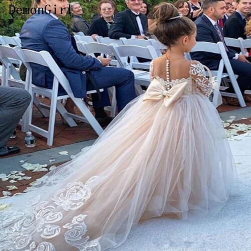 Champagne Flower Girl Dress With Bow Lace Appliques Long Sleeve For Wedding Birthday Ball Gown First Communion Dresses
