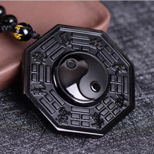 China Natural Obsidian Hand Carved Yin Yang TaiChi Gossip Pendant @@ Free shipping