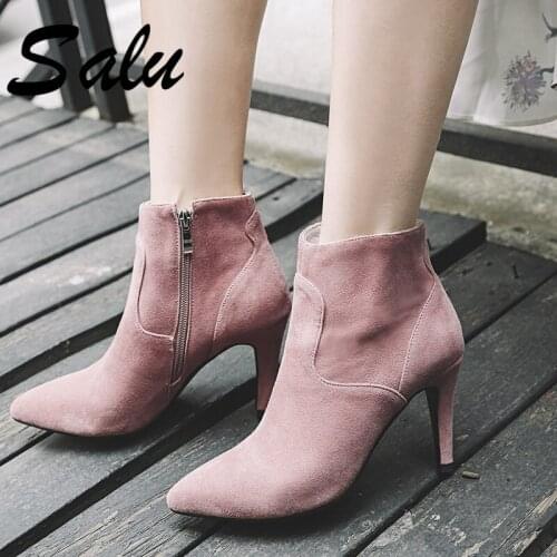 Salu Fashion Boots Women Ankle Boots Kid Suede Leather Autumn Winter Warm High Heels Back Zipper Motorcycle Boots Shoes Woman