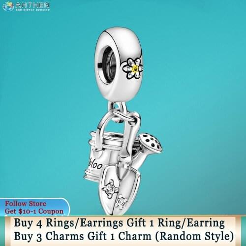 Ahthen 925 Sterling Silver Charm Watering Can & Trowel Dangle Charm fit Original Pandora Bracelets for Women Jewelry Making