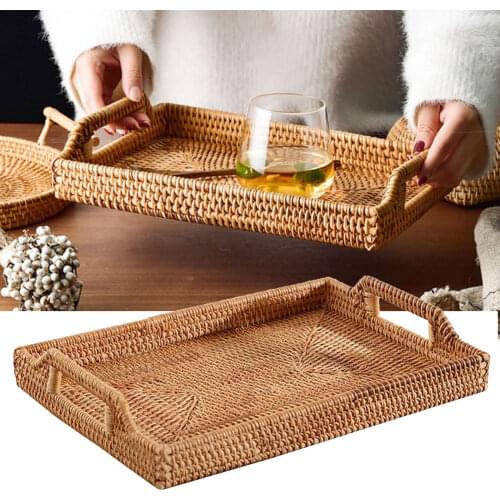 Service Basket Hand-braid Bread Tray Rattan Fruit Rectangular 34x24x6cm Vegetable Bowl Kitchen Home Woven Food Portable Storage