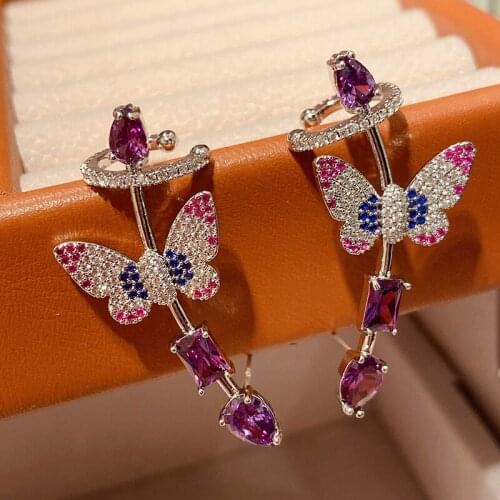 Temperament Simplicity Purple Butterfly Earring Ear Studs Ear Clip cubic For women Crystal Zircon Jewelry Lady Animal Fashion